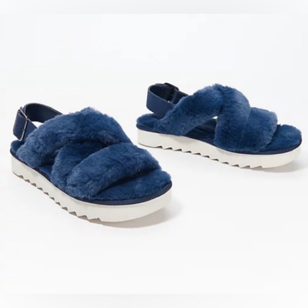 Ugg Australia‎ Fuzz-ee Insignia Blue Faux Fur Fuzzy Fluffy Slipper Sandals 8